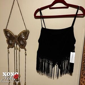 BCBG Generation Black Fringe Spaghetti Strap Top w/ Bow Back – Size L